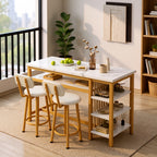 3pcs Dining Room Table Set with Faux Leather Upholstered Bar Stools, Modern Farmhouse Style Dining Table Set with Multiple Tier Storage Shelves, MDF Table Top and Metal Frame, Counter Height Breakfast Nook Table Set for Small Spaces Family