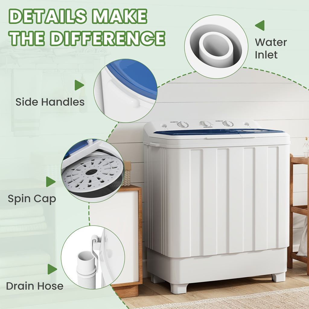30Lbs Portable Washing Machine, Semi-Automatic Twin Tub Washer Spinner Combo, 20Lbs Wash & 10Lbs Spin, Compact Laundry for Apartment, Dorm, RV, Camping & Travel Use