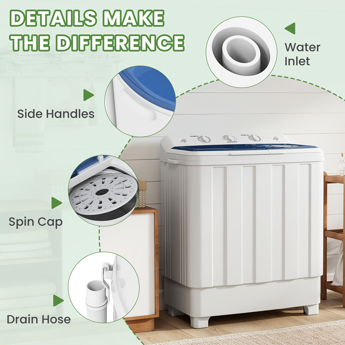 30Lbs Portable Washing Machine, Semi-Automatic Twin Tub Washer Spinner Combo, 20Lbs Wash & 10Lbs Spin, Compact Laundry for Apartment, Dorm, RV, Camping & Travel Use