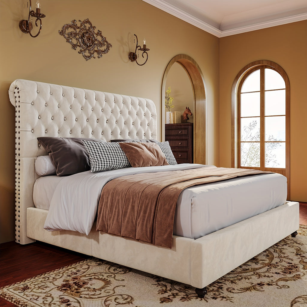 Papajet Upholstered Sleigh Platform Bed Frame with Diamond Button Tufted Headboard