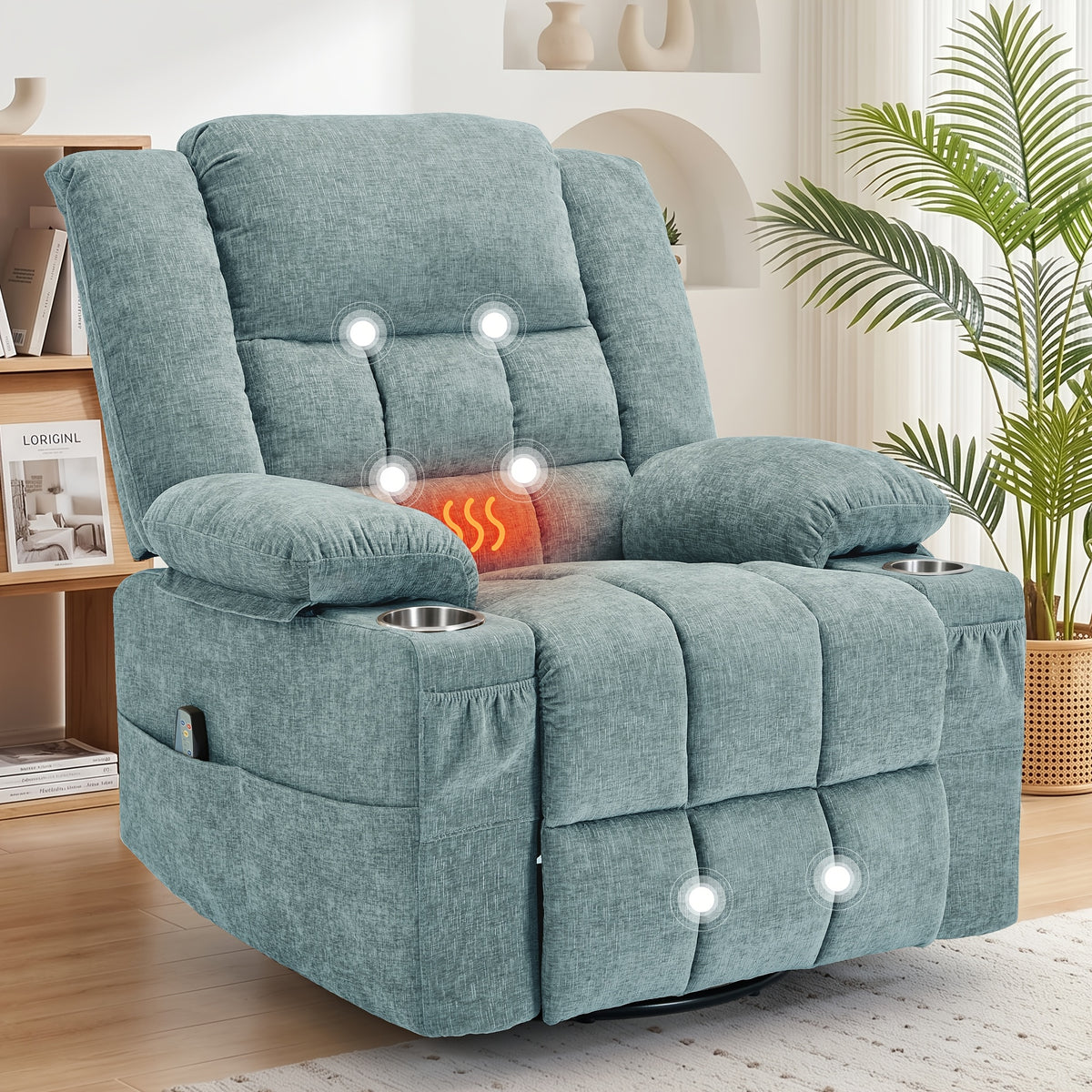 Personal Care Home Massage Chair, 360° Rotation Of Massage Heating Function Comfortable Recliner Chair, Manual Adjustable Angle Leisure Rocking Chair, Massage Sofa Chair with Side Pockets And Front Pockets, with Built-in Cup Holders And Thickened