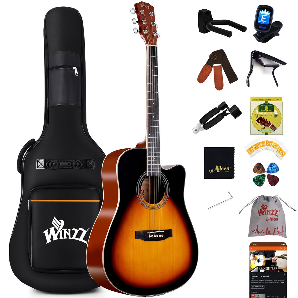 [Beginner Kit] WINZZ TG-A4 41-Inch Acoustic Cutaway Guitar Package for Beginners Adult Teen - Starter Kit, Glossy Sunburst