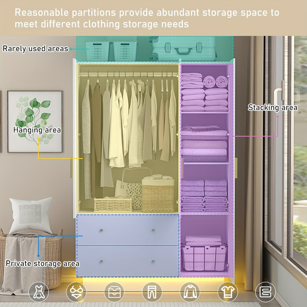 Modern Wardrobe Closet with Mirror And LED Lights, Bedroom Armoire with Drawers And Shelves, Wooden Closet Cabinet with Hanging Rod