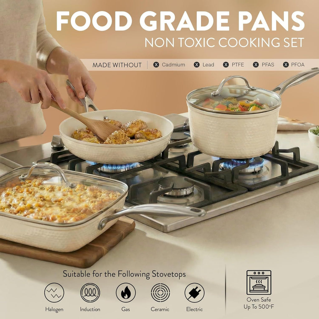 Gotham Steel Hammered 20 Pc Ceramic Cookware Set Nonstick, True Ceramic Pots and Pans Set Non Stick with Deep Square Pan Set & Bakeware Set, Non Toxic PFOA PFOS Free, Oven & Dishwasher Safe