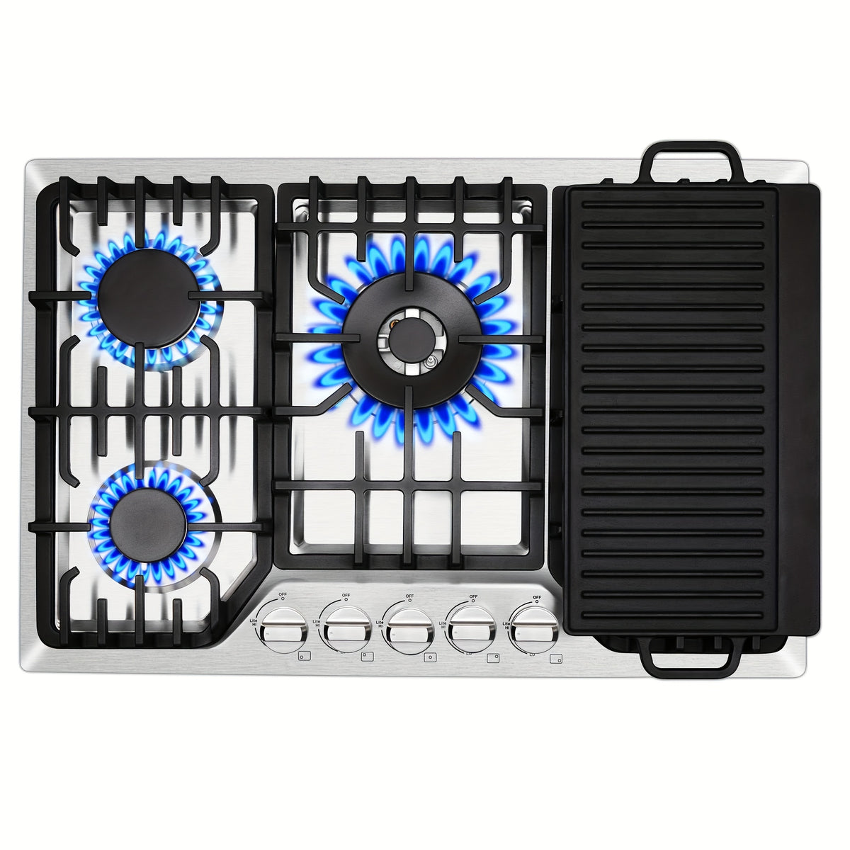 Bulit-In Gas Cooktop 30 Inch with Griddle, 5 Italy SABAF Powerful Burners, Max 48300 BTU Gas Stove Top, 304 Stainless Steel Panel, NG/LPG Convertible