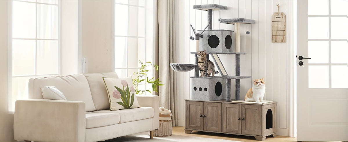 Double Litter Box Enclosure with Cat Tree, 45.3"L X 17.7"W X 68.9"H All-In-One Modern Cat Tower with Cat Bed, Hidden Litter Box Enclosure Furniture, with Hammock, Sisal Posts, Greige