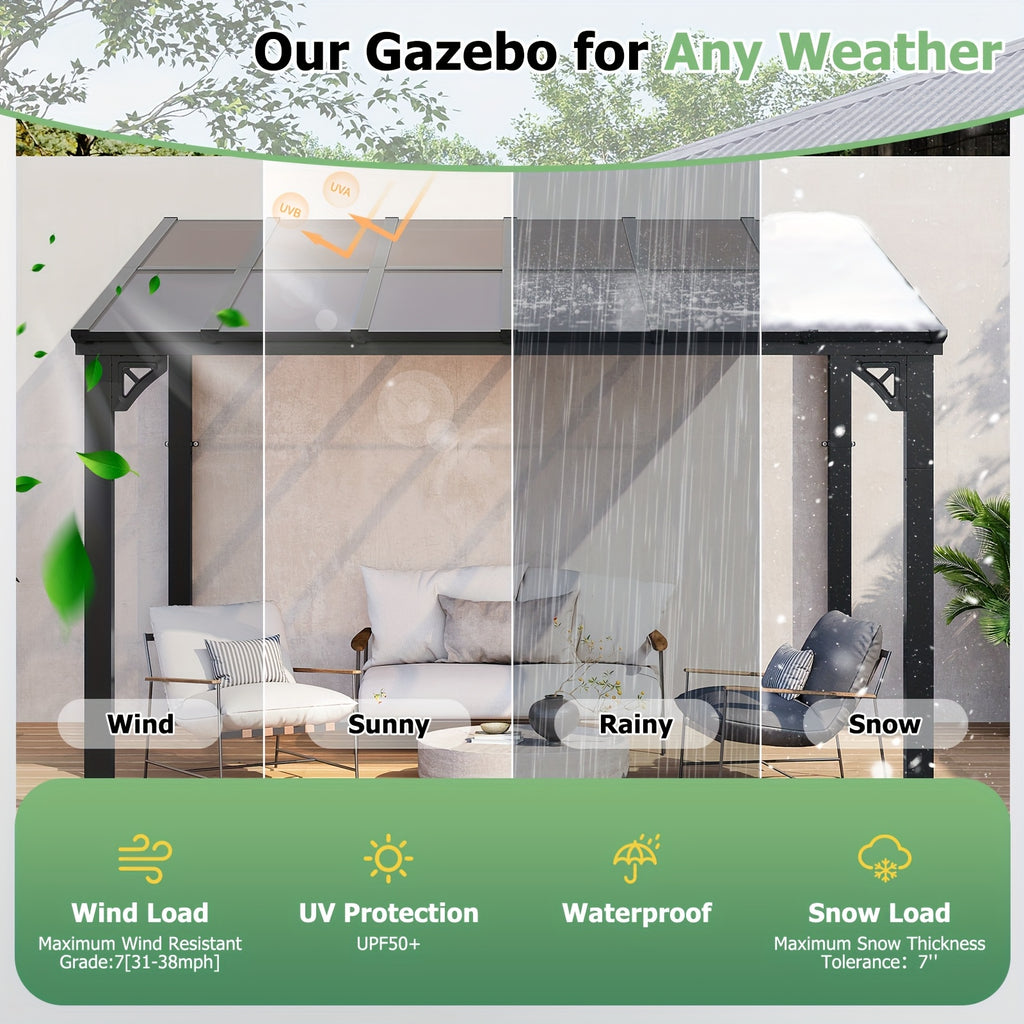 Outdoor Gazebo & Pergola Set - Hard Top Lean-to Wall Mounted Aluminum Alloy Awning With Canopy Roof, Outdoor All-Weather Cover For Patio, Backyard, Deck, Shade & Rain Protection(Multi-size Selection)