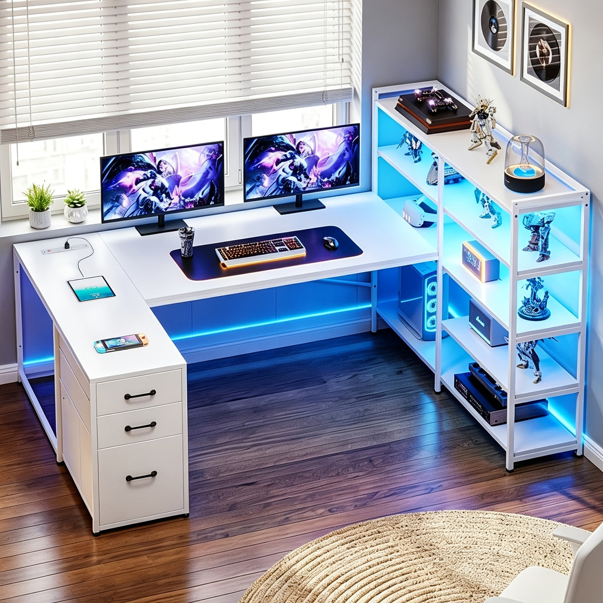 L-Shaped Desk with Storage Shelves, 64.5" Reversible U-Shaped Office Desk with 3 Fabric Drawers, Gaming Desk with Power Outlet & LED Strip, Large PC Workstation for Home Office, Brown/Black/White/Gray
