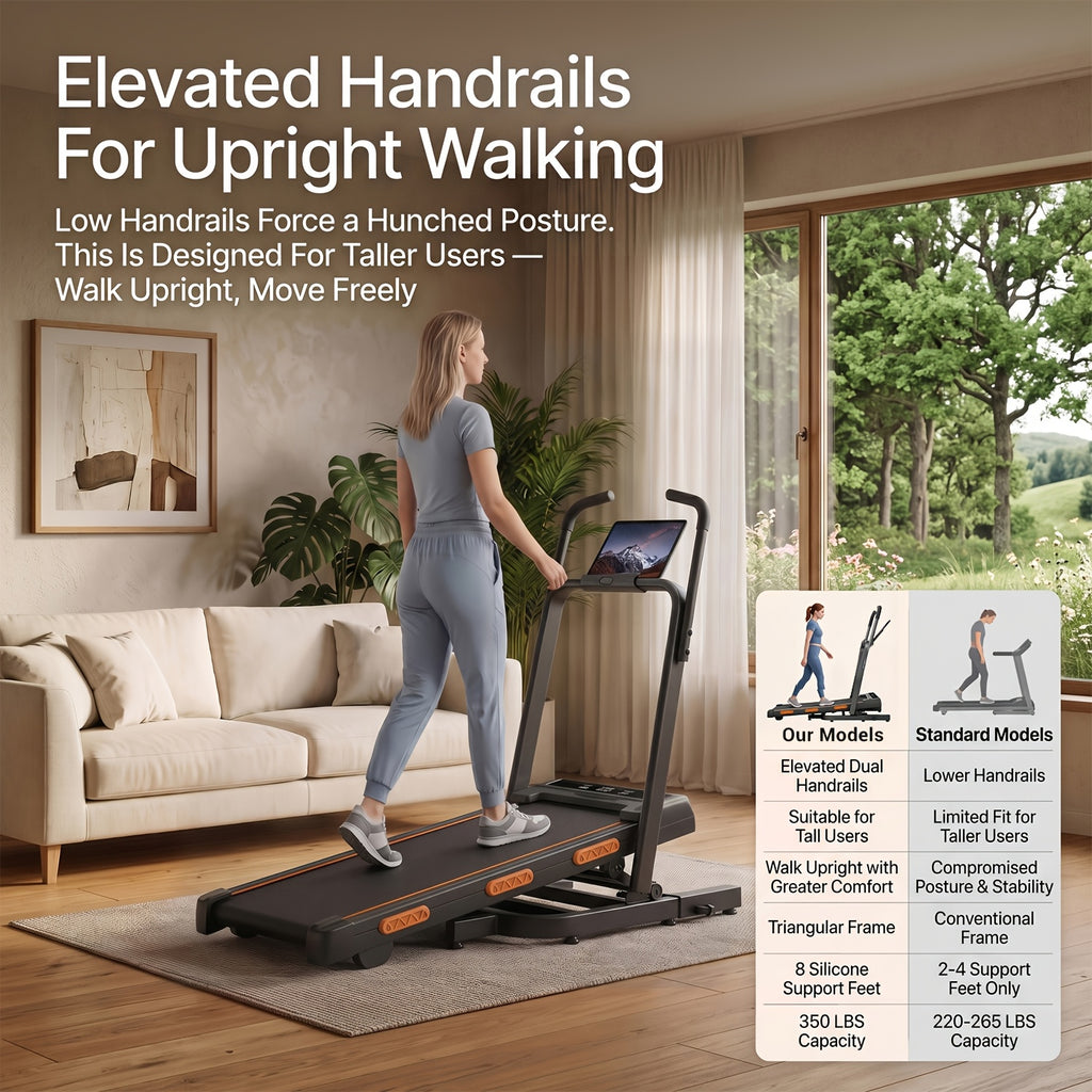 39% Incline Folding Treadmill for Tall Users, 3.0HP Quiet Motor, 350 Lbs Capacity, 6.2 MPH, Elevated Dual Handle Bar and Suction Tablet Holder
