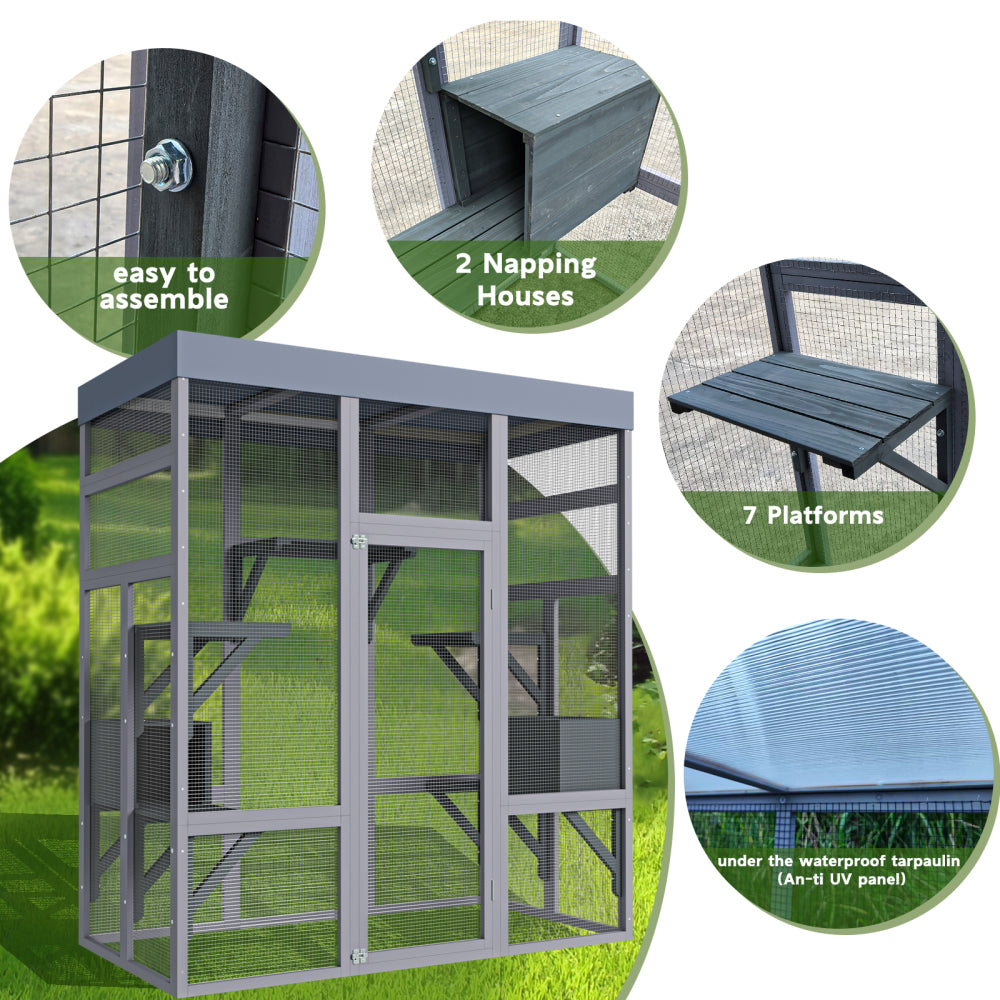[Outdoor Catio Enclosure] 62.6 Inch Large Wooden Outdoor Catio Enclosure for Cats | Secure Pet Cage with Roof & Rust-Proof Wire Mesh | Includes 2 Napping Houses & Multi-Level Platforms for Backyard & Patio
