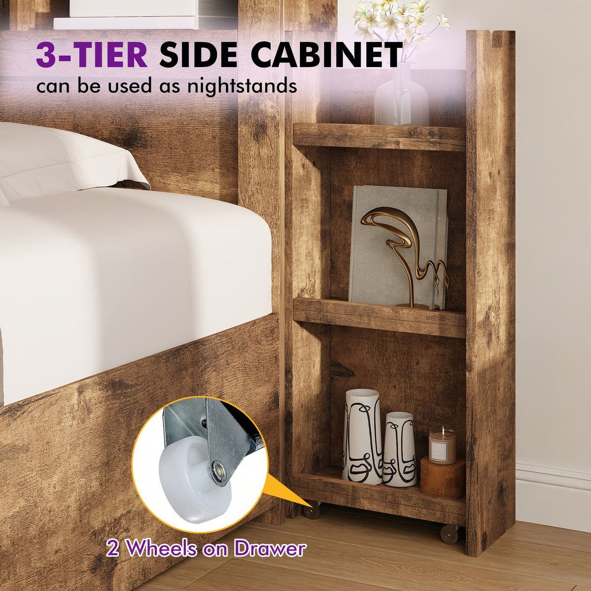 Wooden Platform Bed Frame with 4 Storage Drawers and Farmhouse Styling for Organized Bedrooms