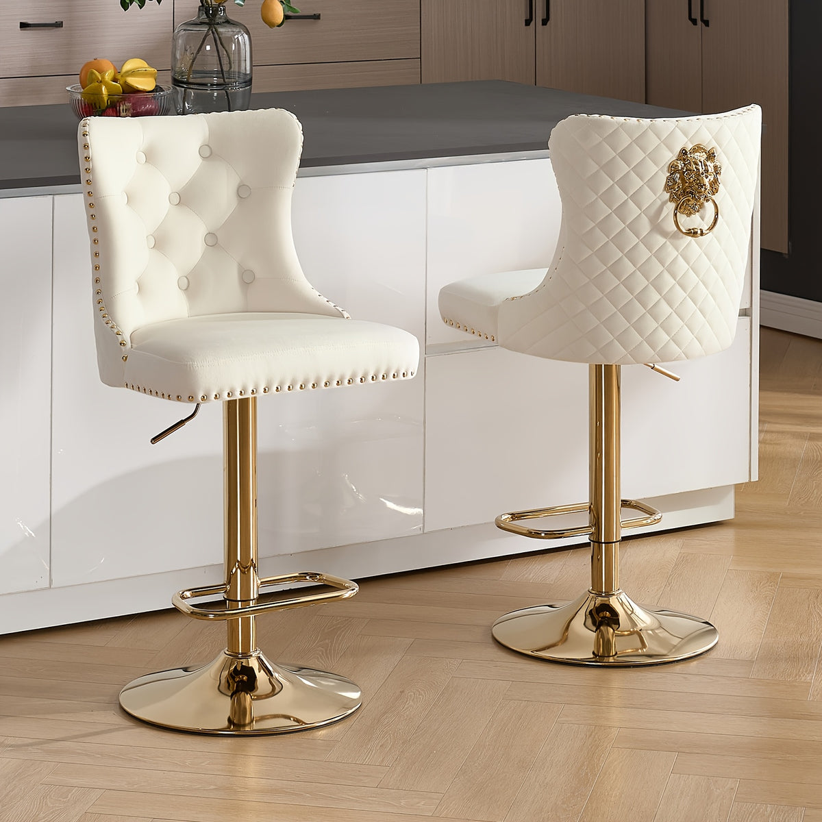 DMKAI Golden Lion Head Velvet Bar Stools Set Of 2, Luxury Diamond Tufted High Back, Adjustable Height 360° Swivel with Golden Base for Kitchen Island Home Bar