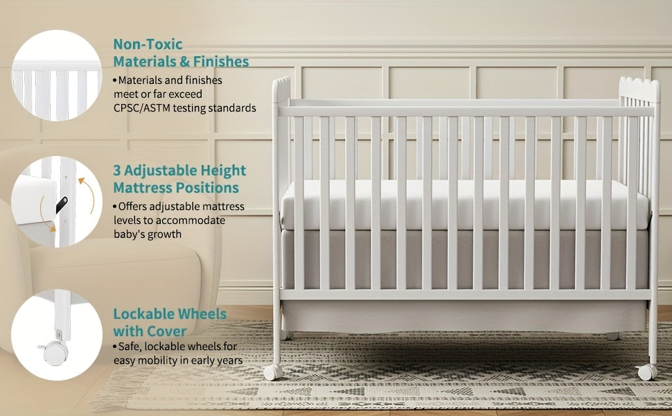 Goldzone 4in 1 Convertible Baby Crib, Wooden Baby Stuffs Converts Into Toddler Bed, Daybed, Newborn Essential with 3 Adjustable Base, Nursery Decor Necessities with Wheel & Non-Toxic Finishes, Item Weight: 36lbs, Maximum Weight Recommendation: 50lbs
