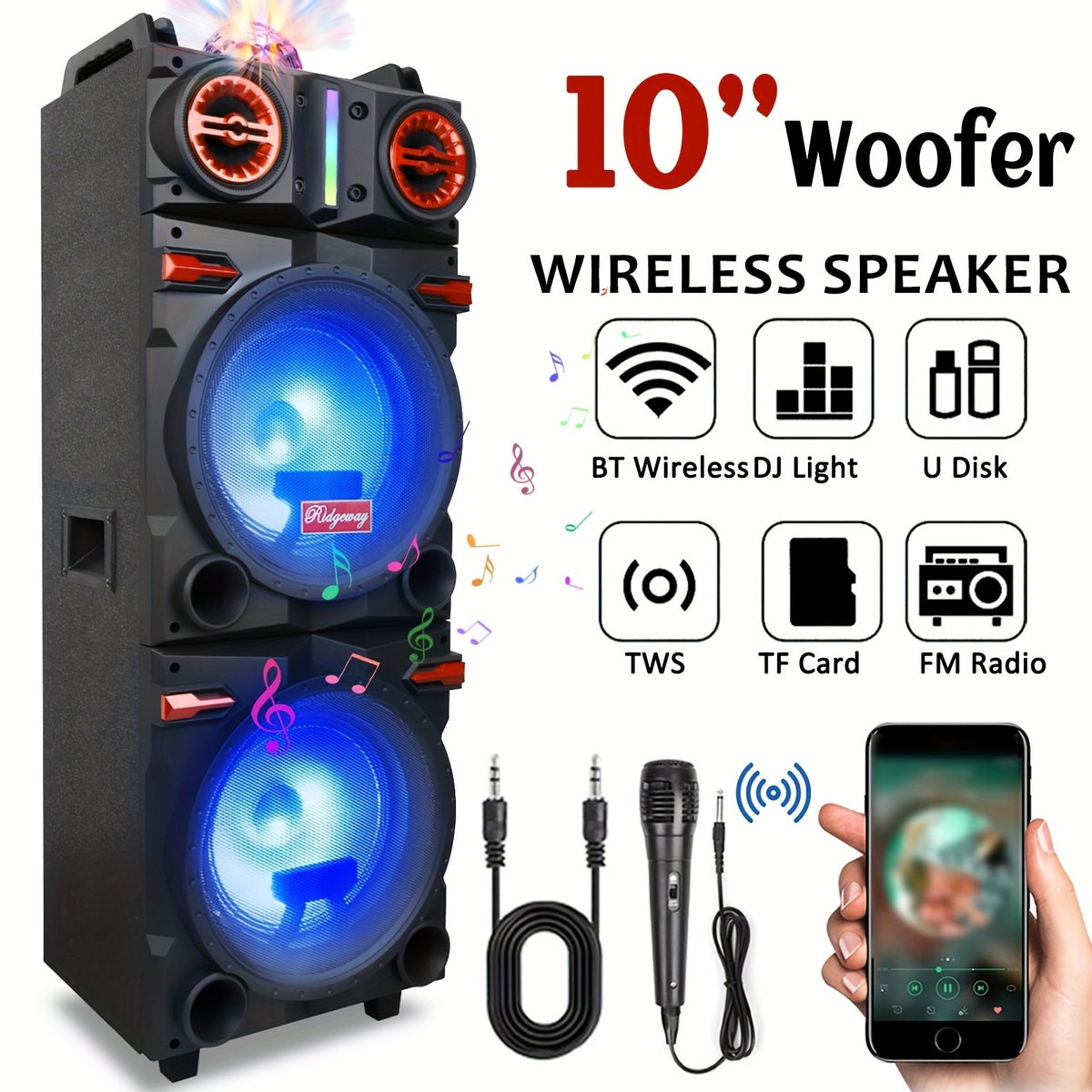 10" Dual Speaker System Built In BT for Wireless Connection, LED Party Lights, FM Radio, AUX/Microphone Inputs - Portable PA System for Parties, Karaoke, DJ (Includes Wired Mic)