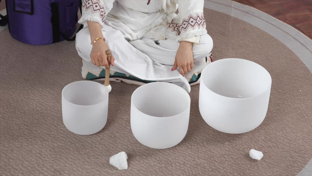 7-11Inch Quartz Crystal Singing Bowls Set of 3 Pure White for Mindfulness Meditation Yoga Sound Bowls with Case And Mallet