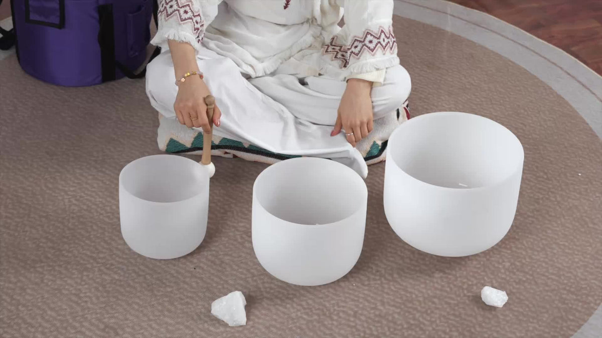 7-11Inch Quartz Crystal Singing Bowls Set of 3 Pure White for Mindfulness Meditation Yoga Sound Bowls with Case And Mallet