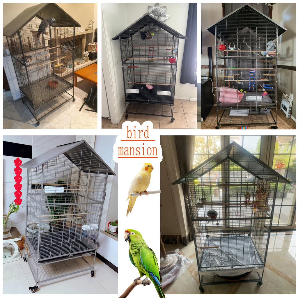 Luxury Villa Birdcage, Extra Large Parrot Cage with Wheels And Roof, Easy Assembly Bird Aviary for Macaw, Roosteratiel, Parakeet, Lovebird, Finch, with Horizontal Wire. Flight Cage Ideal for Breeders