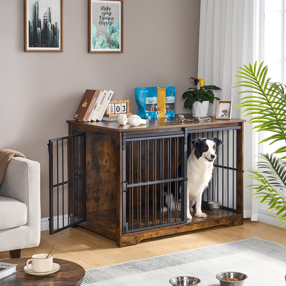 XL Large Dog Crate Furniture, 44.1" Indoor Dog Kennel Furniture with Barn Door, Wooden Tall Dog Crate, Heavy Duty Dog Cage for Large Dogs, Side End Table, Anti-Chew, Rustic Brown, Black, Greige Black, White Brown