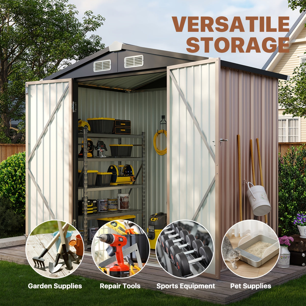 6' X 4' Brown Metal Outdoor Storage Shed with Base Frame, Weather-Resistant Steel Tool Shed with Lockable Doors for Garden, Patio, Backyard, And Lawn