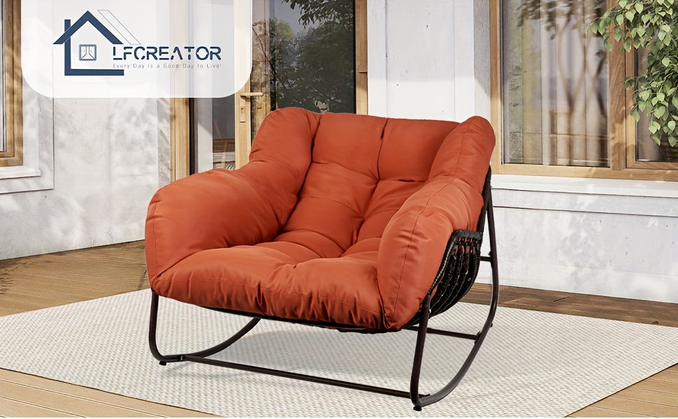 Papasan Rocking Chair Outdoor, All Weather Wicker Papasan Patio Chair with Cushion And Pillow, Heavy Duty Metal Oversized Papasan Rocker Egg Chair for Garden, Patio