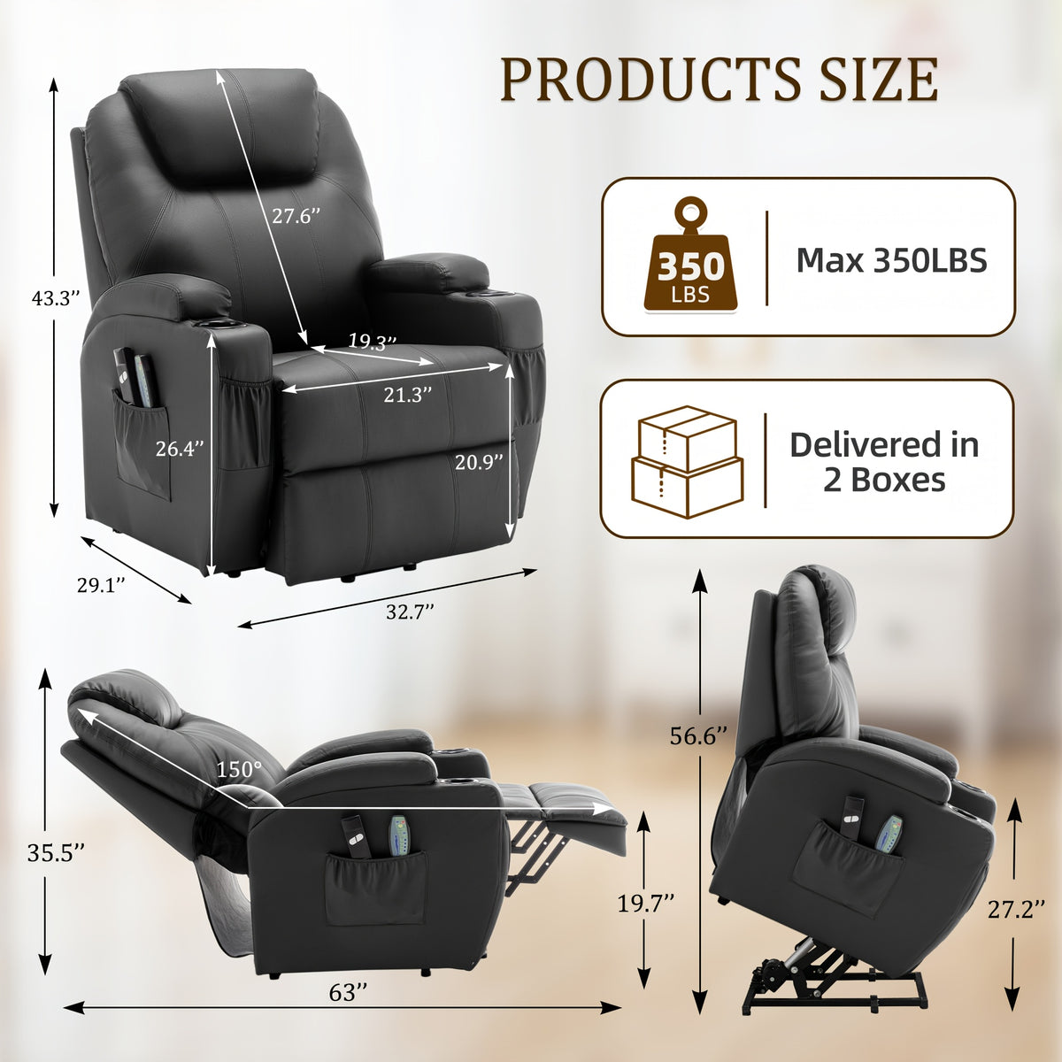 Living Room Massage Chair, Recliner With Heating Function, Adult Electric Lift Chair, Storage Side Pockets And Cup Holders, Medium-sized Leisure Chair, Comfortable PU Leather Material, Orange And Blue Are Technical Fabric