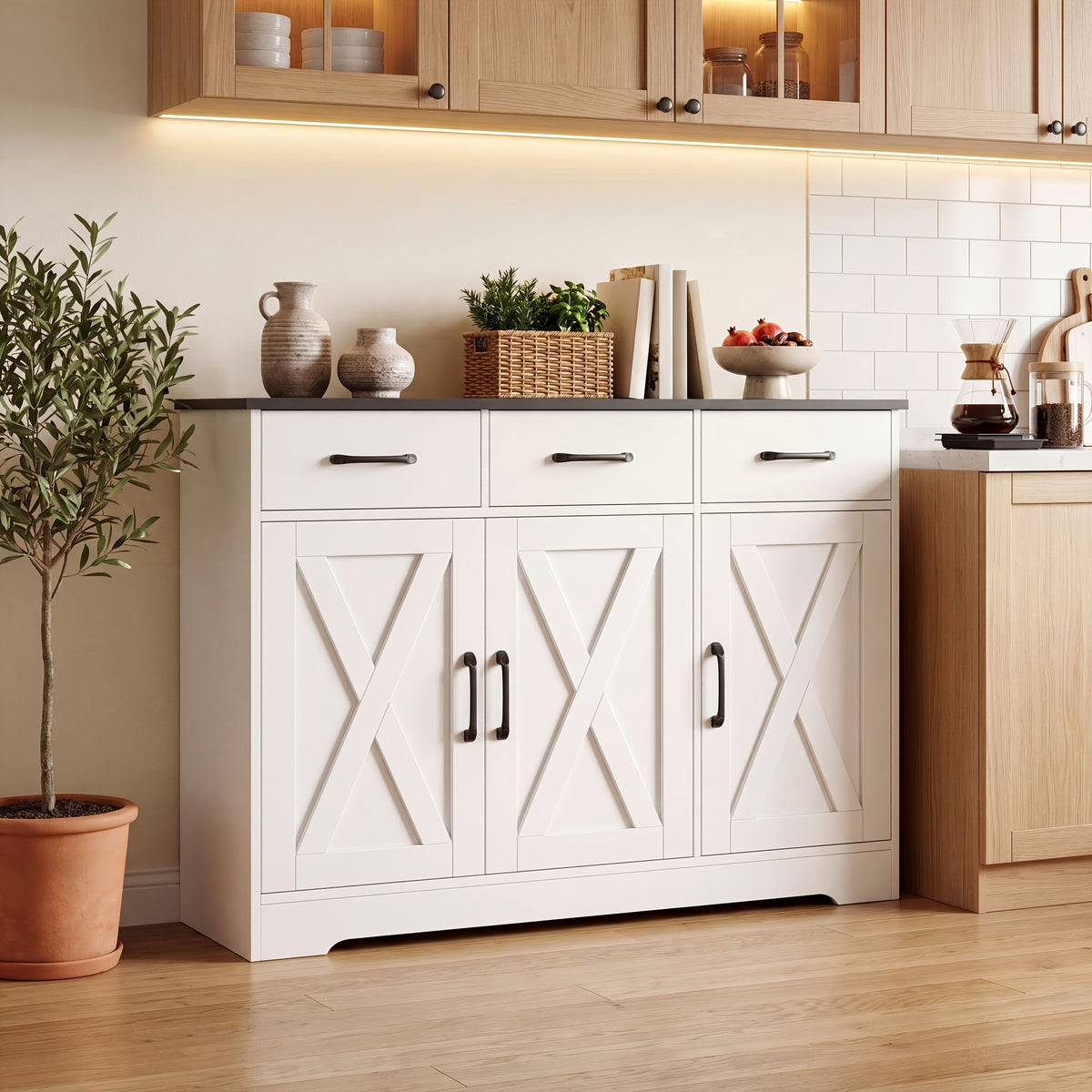 FULTRU Modern Farmhouse Cabinet with Barn Door & Sliding Panel Doors Suitable for Kitchen, Dining Room Storage, Freestanding Buffet Furniture with Drawers and Open Shelves, Assembly Required, Multifunctional Sideboard