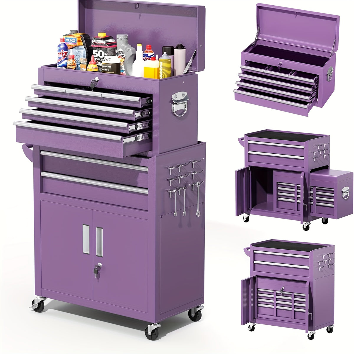 5/8-Drawer Rolling Tool Box, 2-IN-1 Tool Chest On Wheels, Tool Storage Cabinet And Organization For Garage Workshop Warehouse, Lab, Purple/ Pink Tool Box