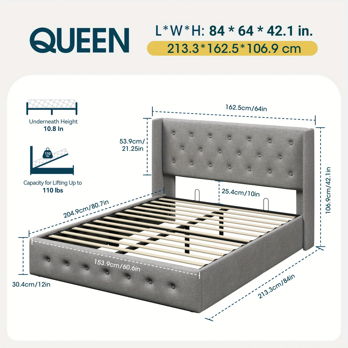 WEEWAY Lift Up Storage Bed, Modern Wingback Upholstered Headboard, Hydraulic Platform Bed, Wooden Slats Support, Heavy Duty Mattress Foundation, No Box Spring Needed, Easy Assembly, Full/Queen/King Size, for House Bedroom Furniture, Free Shipping