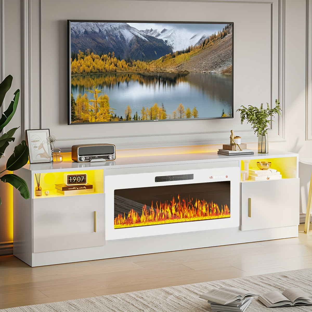 Fireplace Tv Stand with 36 Inch Fireplace Up to 80" TVs, LED Light Entertainment Center And Storage, 70" Modern Wood Media TV Console with Highlight Cabinet for Living Room