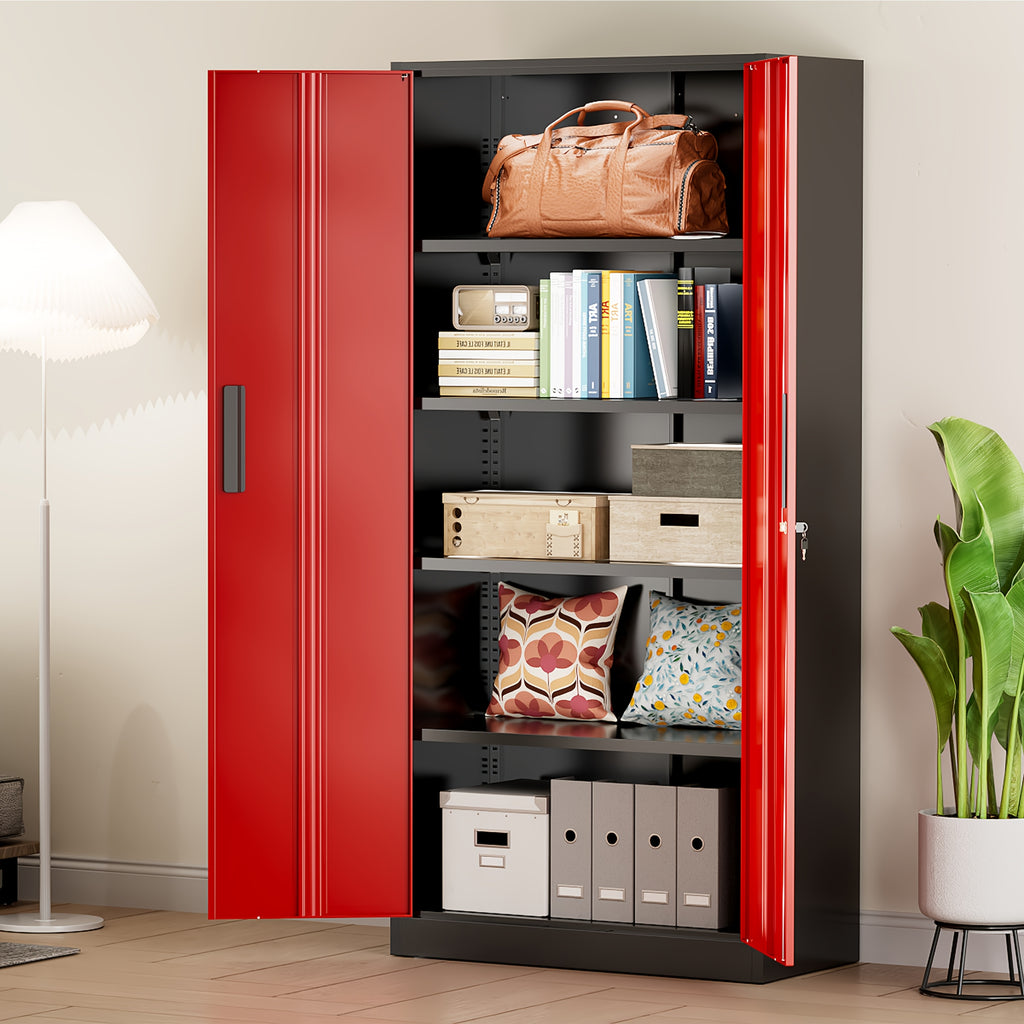 Metal Garage Storage Cabinet, 71"/72" Tall, Steel Floor-standing Model, with 2 Doors, 4 Adjustable Shelves, Lockable, Spray-painted Finish, Suitable for Home, Office, Shop, School—easy to Assemble