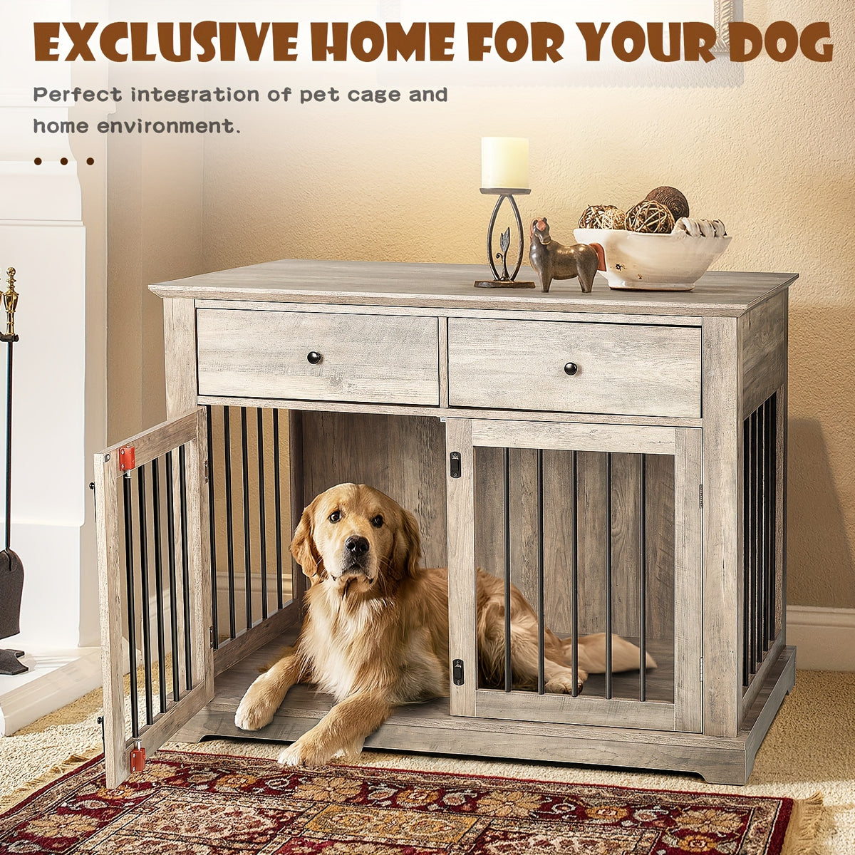 44 Inch Large Dog Crate Furniture, Wooden Dog Kennel End Table With Storage Drawers, Decorative Pet Crates Dog House Indoor For Dogs