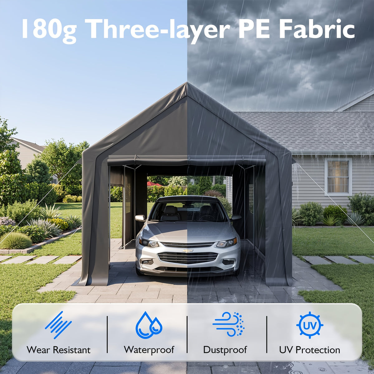 12X20 FT Heavy Duty Carport Canopy with Enhanced Base & Side-Opening Door, Portable Garage for Cars, Trucks, And Boats, Black