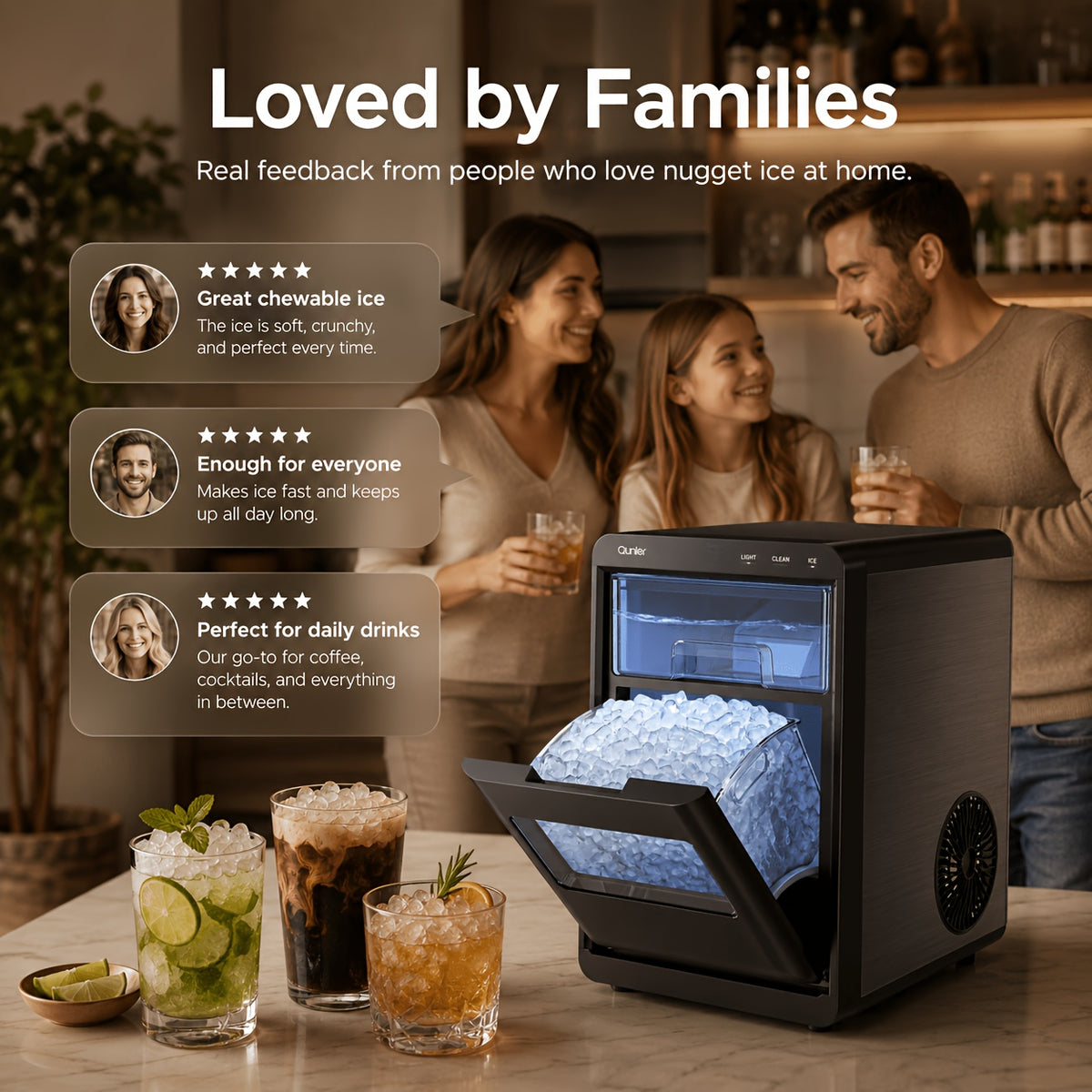 Nugget Ice Maker Countertop, Soft Chewable Pellet Ice Machine, Qunler 33/44Lbs Per Day Self-Cleaning Stainless Steel Ice Maker For Iced Coffee, Soda, Tea And Home Coffee Bar & Gifts For Coffee Lovers