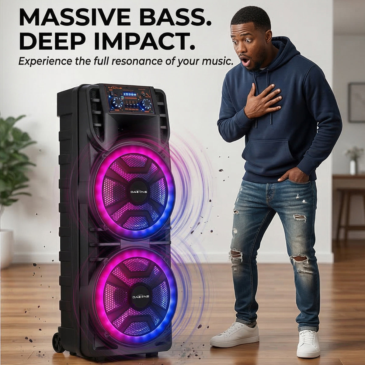 Rechargeable Bluetooth Party Speaker with Dual 12 Inch Woofers, Portable Karaoke System with Mic, RGB Lights, TWS, AUX/USB/TF/FM, Echo Control