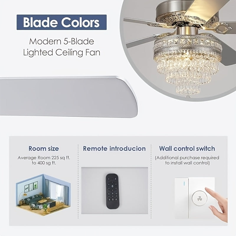 Crystal Ceiling Fan Fandelier with Lights - Modern Outdoor Fans with Remote Control, Noiseless AC Motor, Retro/Farmhouse Lighting, Dining Room, Living Room (52"