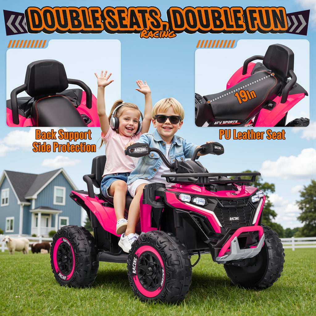 24V Electric Kids ATV Quad, 4WD Off-Road Vehicle, 2-Seater with Leather Seats And Knee Pads, Ride-On for Boys And Girls (/Red//Black) - Ideal Birthday/Christmas/Halloween Gift, 3 Speeds, Remote Control Design