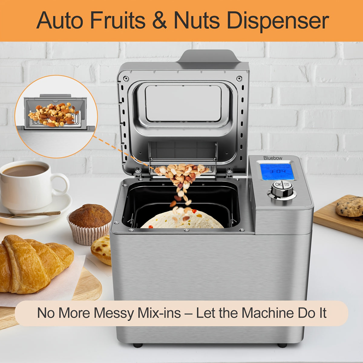 25-in-1 Bread Maker, 2LB Bread Machine With Auto Fruit/Nut Dispenser, Gluten-Free Setting, 3 Loaf Sizes& 3 Crust Colors, Keep Warm&13H Delay Timer, Digital Display, Stainless Steel