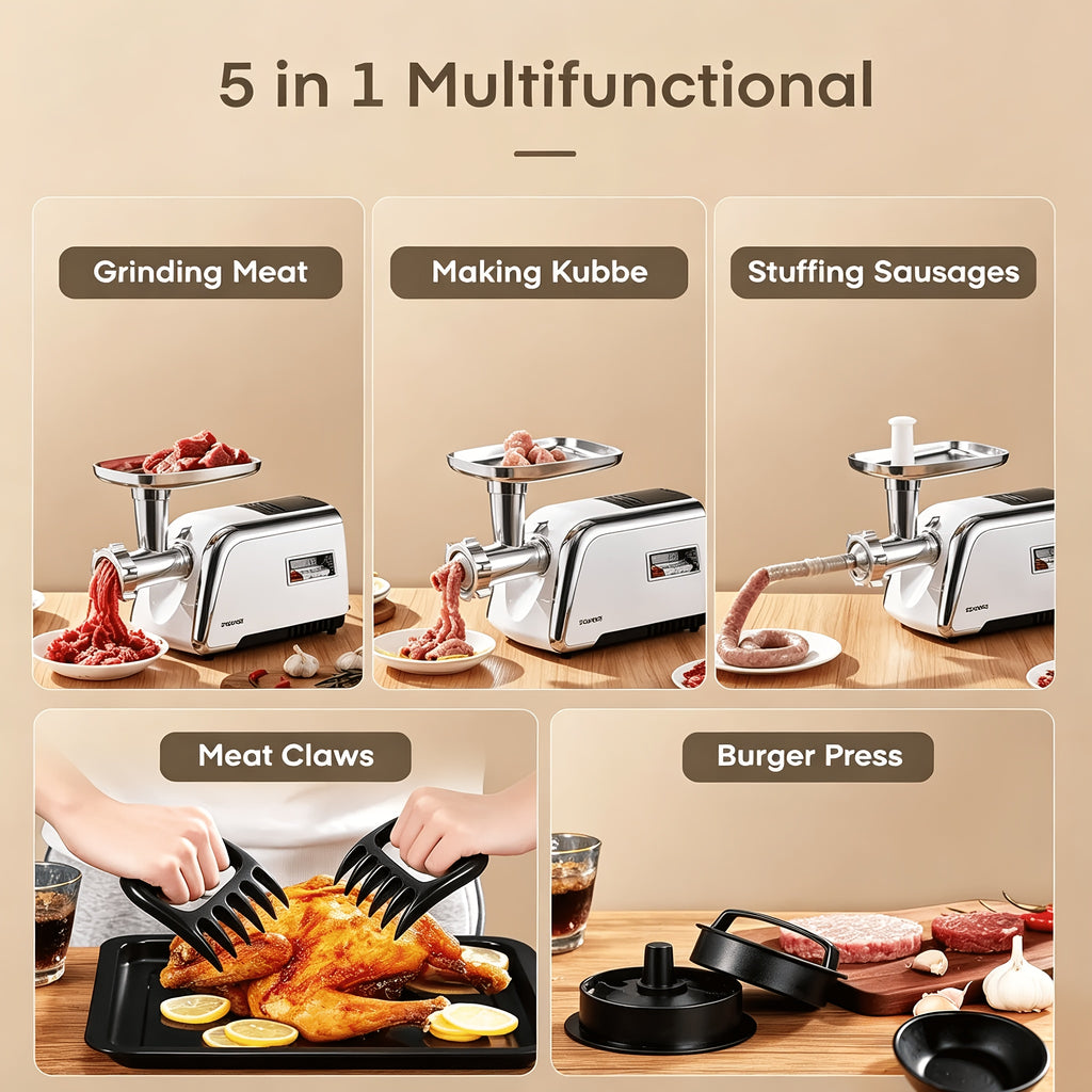 3000W Heavy-Duty Meat Grinder | 5-In-1 Multifunction Home Kitchen Machine | Stainless Steel Sausage Stuffer (2 Tubes) | Kubbe & Burger/Slider Makers | Storage Box | Commercial-Grade Power!