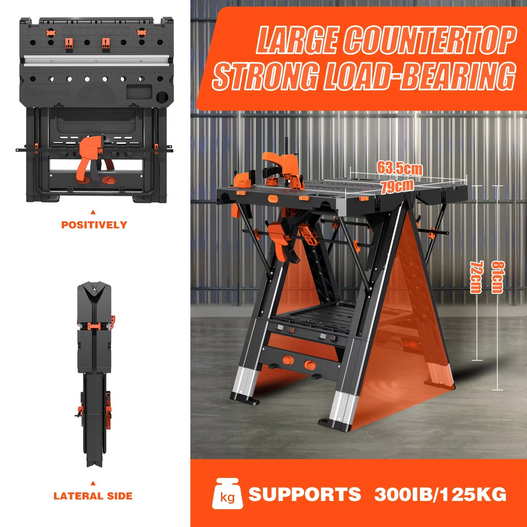 Folding Workbench, 2-in-1 Waterproof Portable Folding Work Table, 31" W X 25" D X 32" H Workbench, Height-Adjustable Work Table with 4 Woodworking Clamps, 4 Connecting Blocks, 2 Limit Blocks