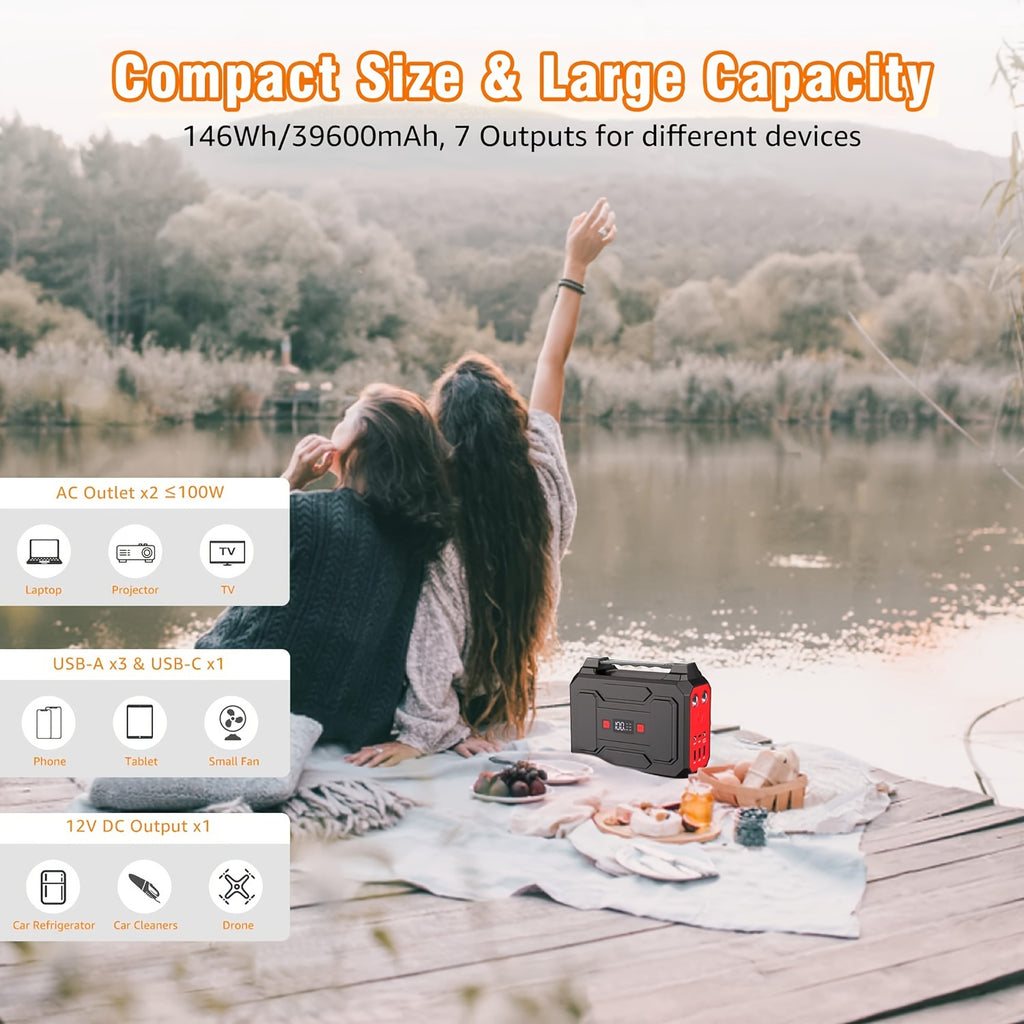 [Outdoor Camping Easter Gif] 100W 146Wh Portable Power Station Solar Generator with Foldable Solar Panel Charger, Laptop Phone Backup Battery Power Bank with AC, DC USB USB-C Output And LED Light for Outdoor Camping Traveling Adventure RV Trip Home Emerge
