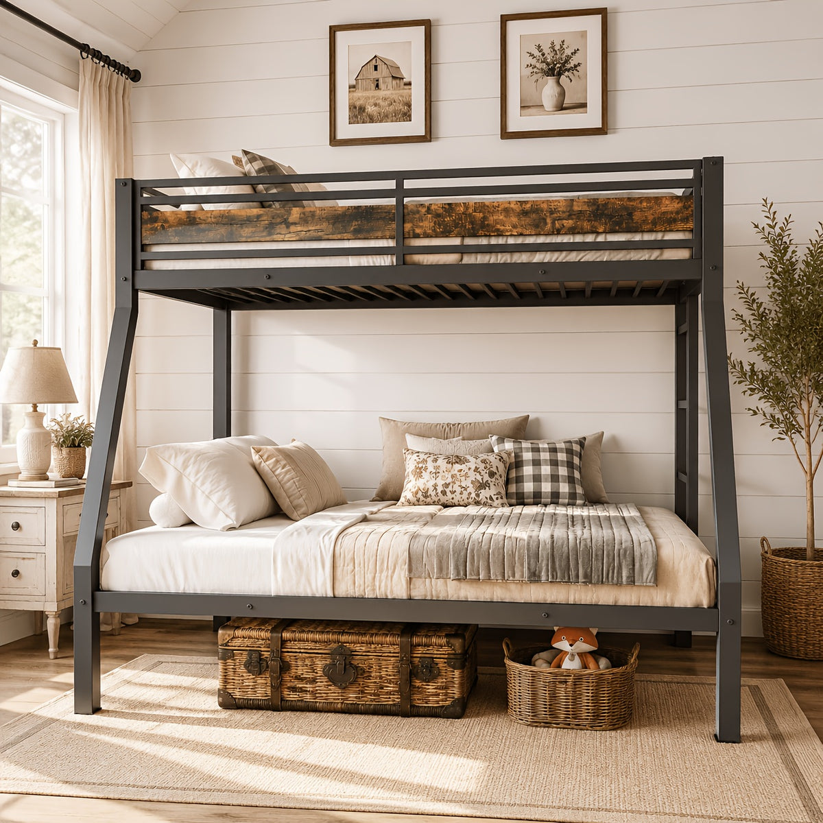 77.5"L Heavy Duty Metal Bed Frame, Twin Over Twin Or Full Over Twin Bunk Bed with Full Length Guardrails And Ladder, Black/Rustic Brown/White Options, Easy Assembly, Suitable for Shared Bedrooms, Bed Frame Without Mattress