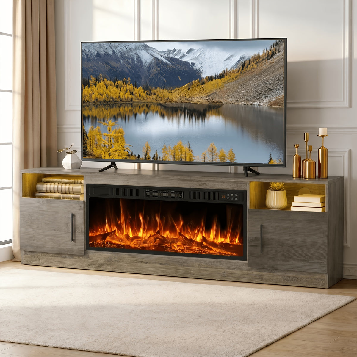 70" Fireplace Tv Stand with 36 Inch Fireplace Up to 80" Tvs, LED Light Entertainment Center And Storage, 70"Modern Wood Media TV Console with Highlight Cabinet for Living Room