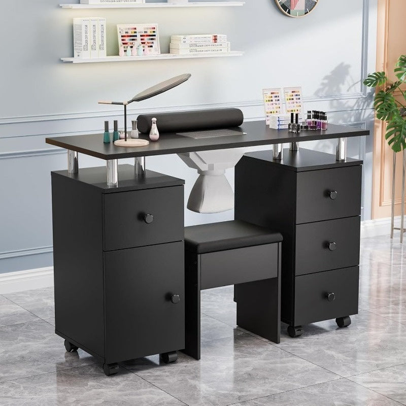 Professional Nail Desk and Chair Set with Stool - Heavy-Duty Mobile Manicure Station w/Dust Collector, Acetone-Resistant Desktop, 4-Wheel Rolling Cart & Storage Drawers - Heavy-Duty Nail Tech Table for Salon, Home, or Spa - (White/Black/Lavender/Mint Gree
