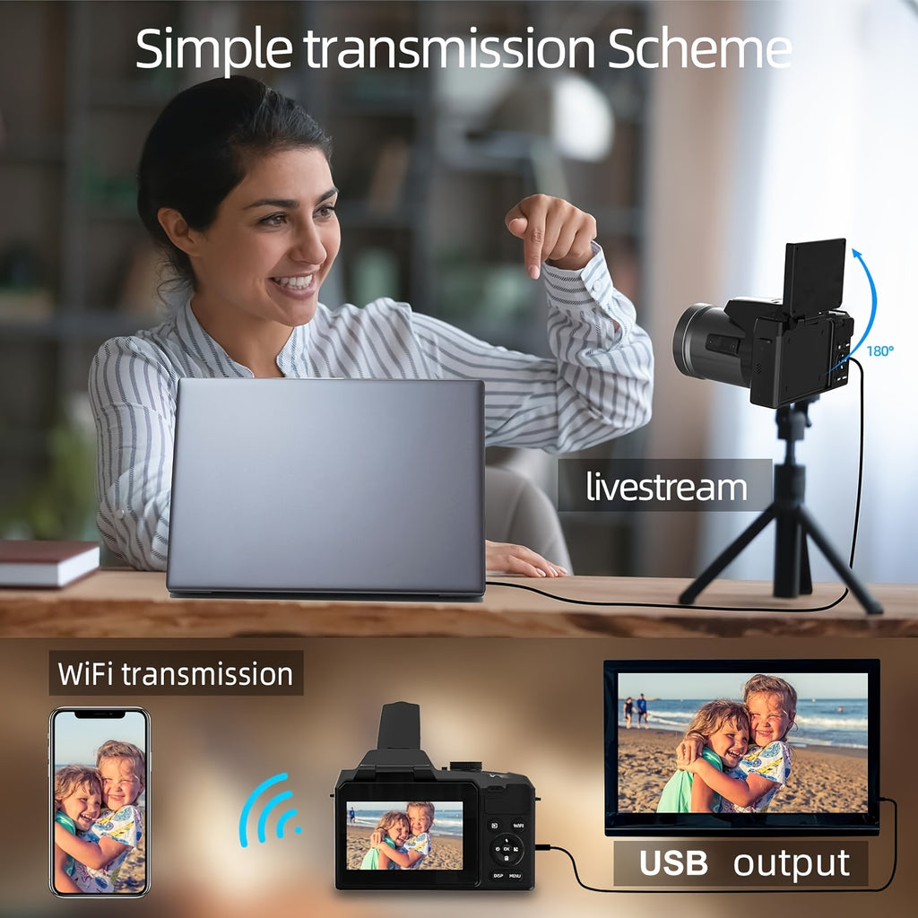 NBD 64MP Digital Camera Designed for Photography And Videography, Featuring a 4K Vlogging Capability with a 3-Inch Flip Screen, 16X Digital Zoom, Wifi And Autofocus, Along with a Camera Strap, Tripod, Two Batteries, And a 32GB TF Card