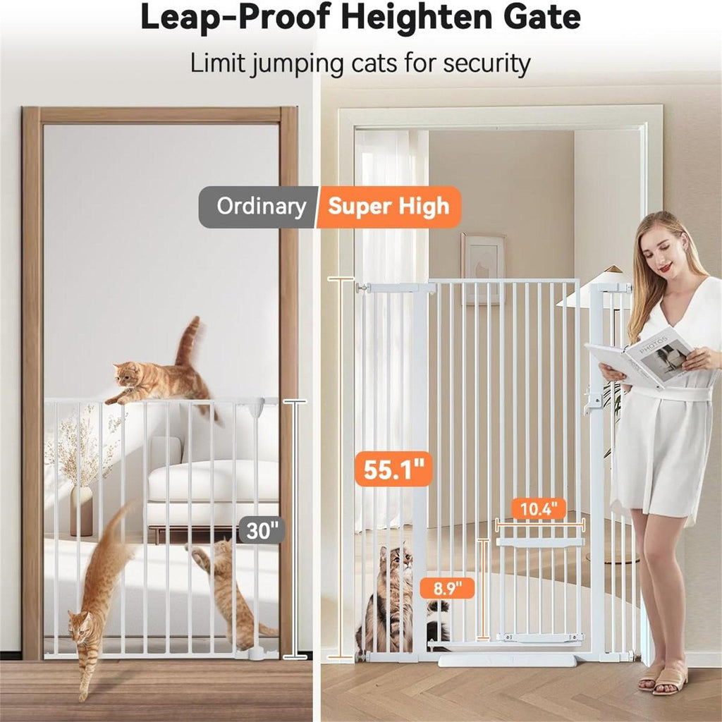 55.1" Extra Tall Cat Gate For Doorway, 29.5-40.6" Adjustable Cat Door Include, No Drilling Pressure Mount Kit, Suitable For Doorways Or Kitchen, Stairs5