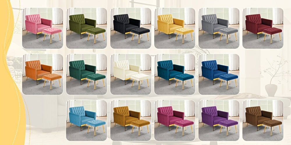 ACMEASE 31.5 Inch Velvet Adjustable Accent Chair with Ottoman & Pillow, Tufted Single Sofa Chair with Golden Metal Legs for Living Room