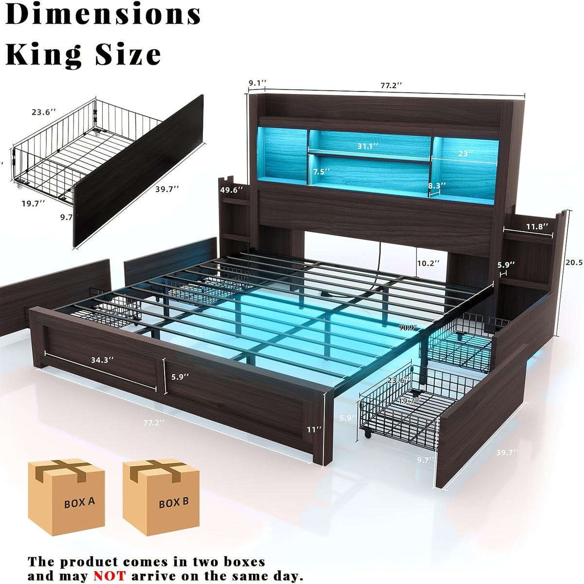 Farmhouse Wooden Bed Frame with 4 Storage Drawers, LED Bed Frame with 49" Tall Bookcase Headboard, Wood Platform Bed with Charging Station And 2 Slide Bedside Shelves
