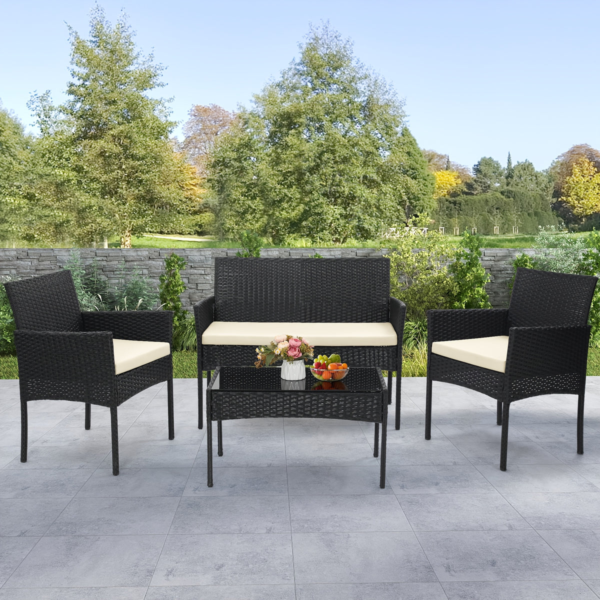 KROFEM 4pcs Bistro Conversation Rattan Furniture Set, Designed for Casual Worry Free Outdoor Living, Premium Quality Sofa, 2 Chairs And Sofa Loveseat with Cushions Plus Glass Top Coffee Table, for Patio, Porch, Or Balcony
