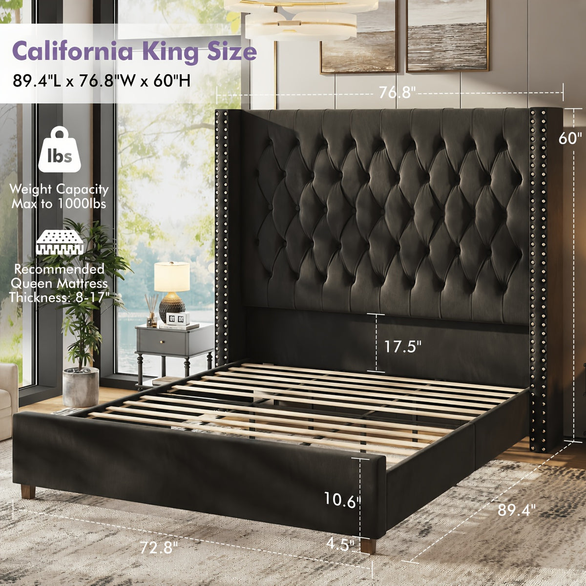 LUXOAK 60 Inch Tall Velvet Bed Frame With Tufted Wingback Headboard, Solid Wood Legs And Slat Support, No Box Spring Needed