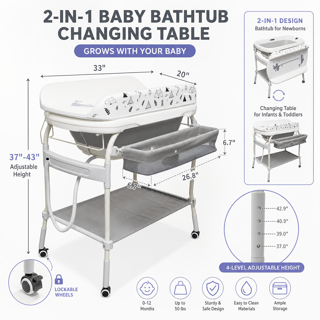 Adjustable 2-In-1 Bathtub with Changing Table, Waterproof Diaper Changing Station Portable Changing Table Adjustable Height Organizer with Storage Racks for Home Furniture